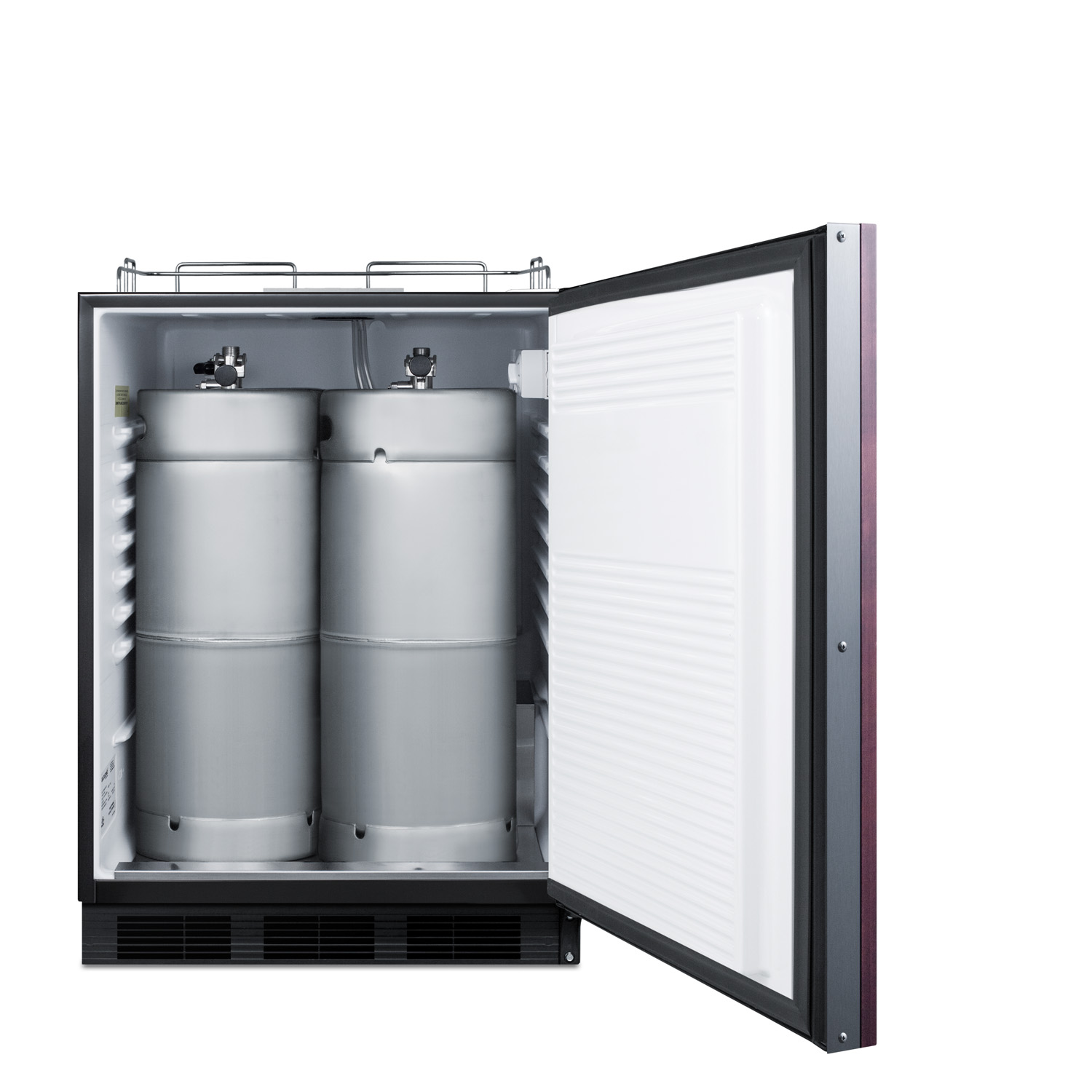 Built-in undercounter ADA height commercially listed beer dispenser with panel-ready door and black cabinet; no tapping equipment included